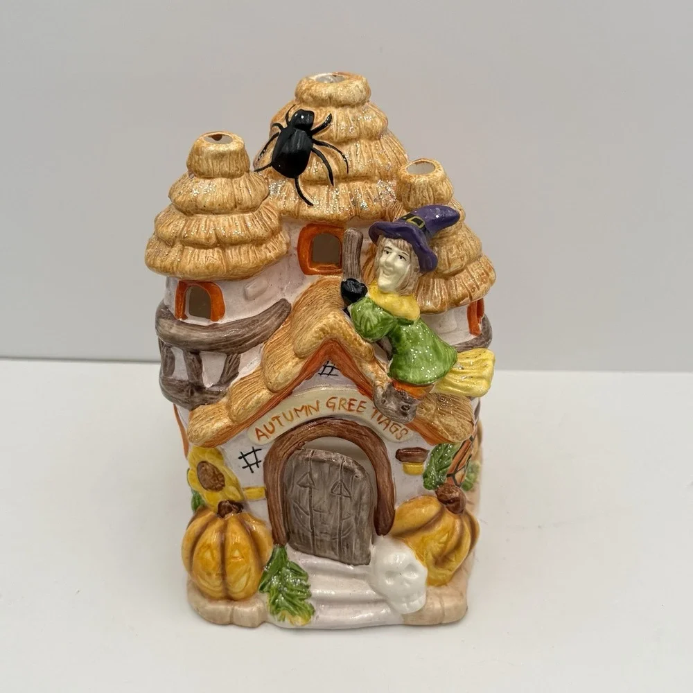 Halloween House Vintage Fall Tea Light Luminary Ceramic Scarecrow Spider Autumn